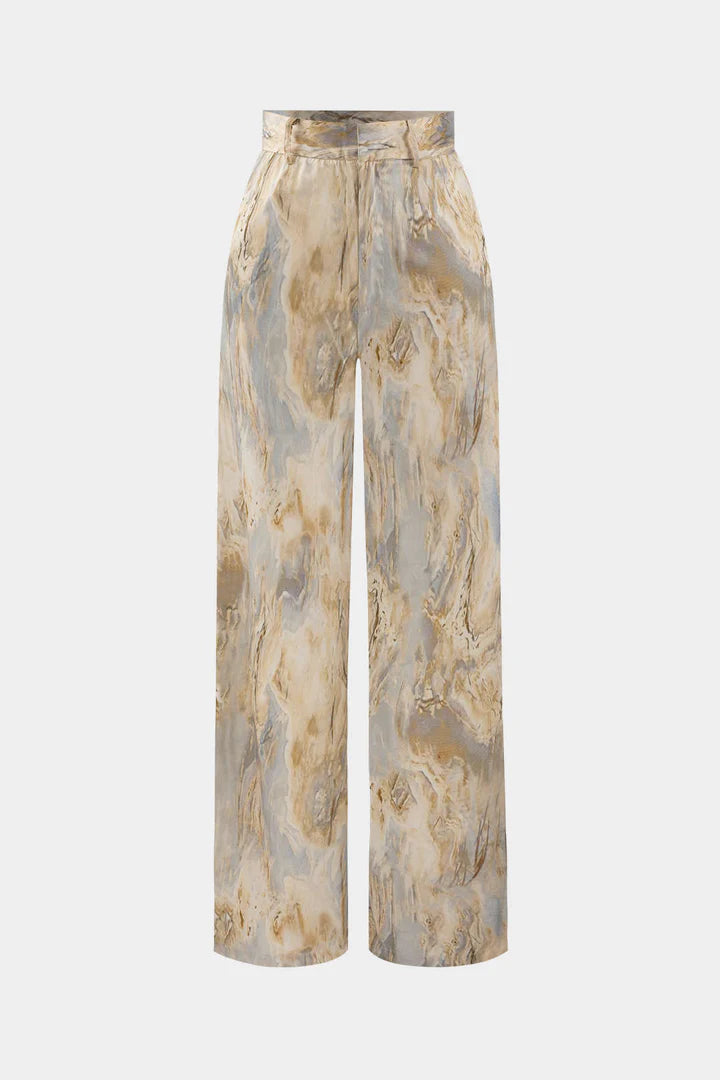 Broek met marmerprint, hoge taille, lange en rechte pijpen