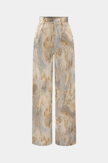 Broek met marmerprint, hoge taille, lange en rechte pijpen