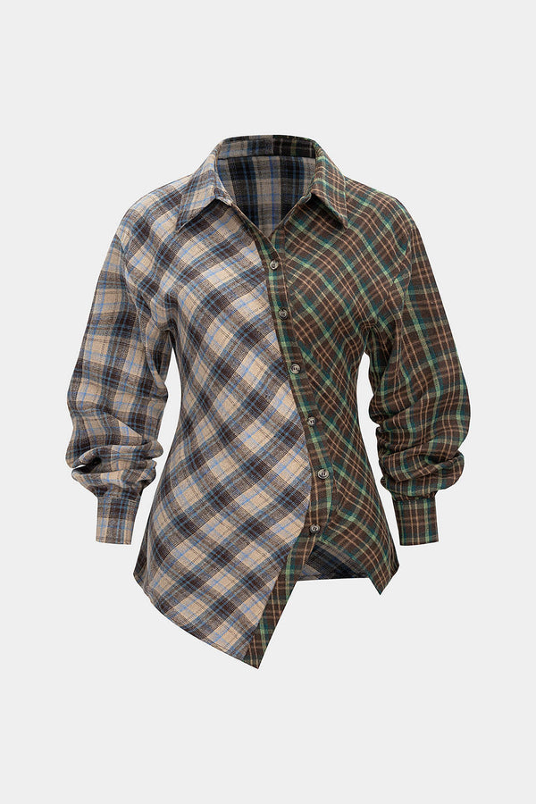 Geruite asymmetrische blouse met knoopjes en lange mouwen