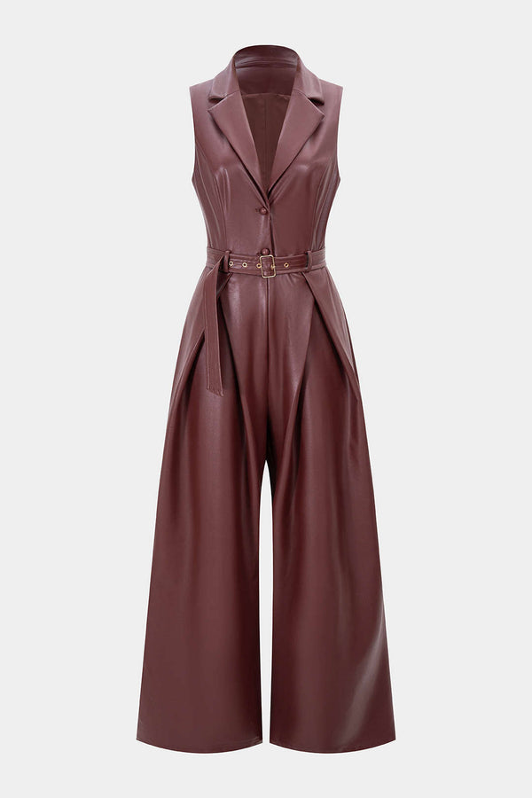 Leren-look mouwloze jumpsuit met riem