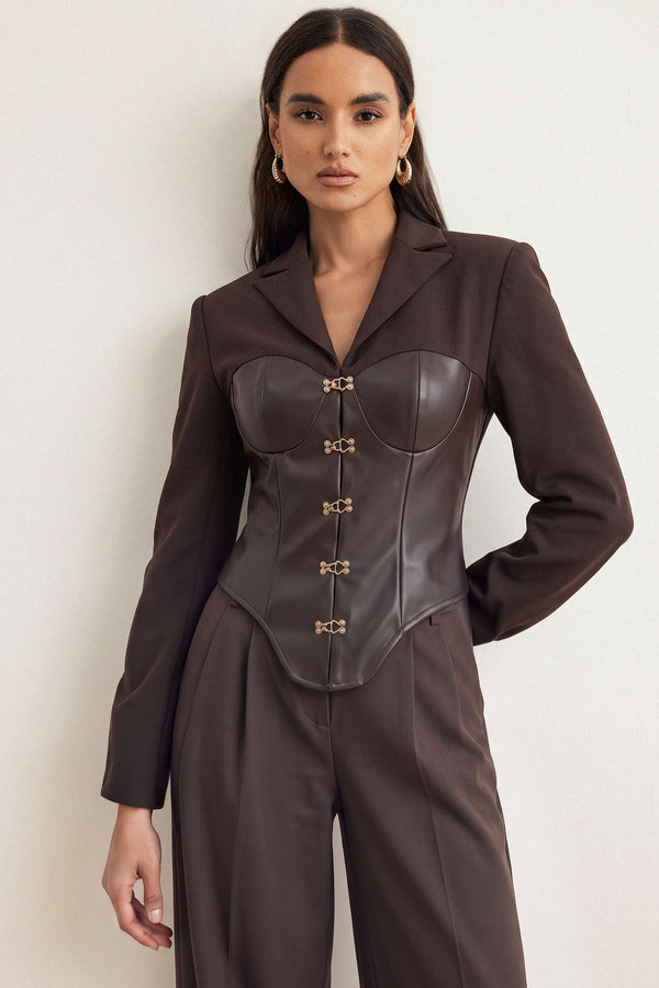 Leren-look patchwork blazer met knoopjes
