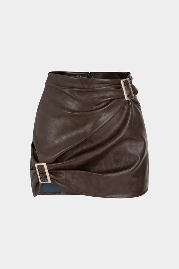 Leren-look metallic minirok met ruches