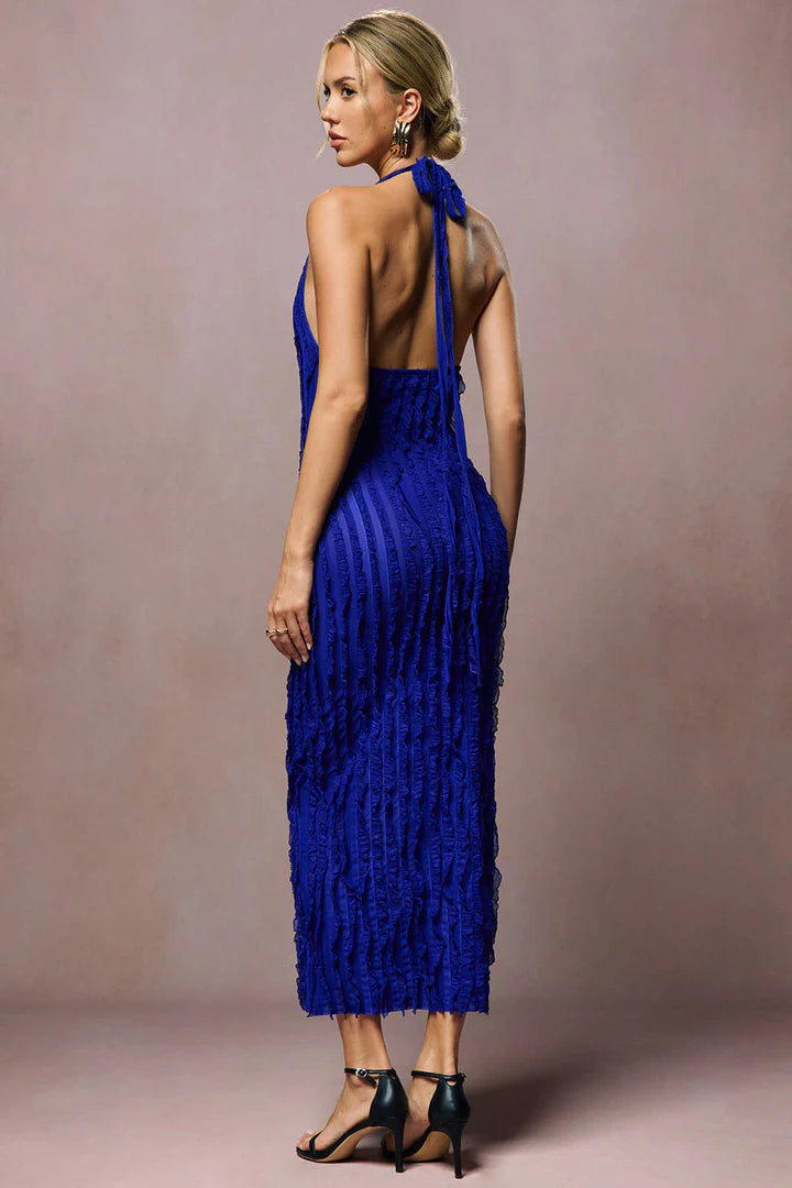 Maxi-jurk met transparante ruches, halterhals en open rug
