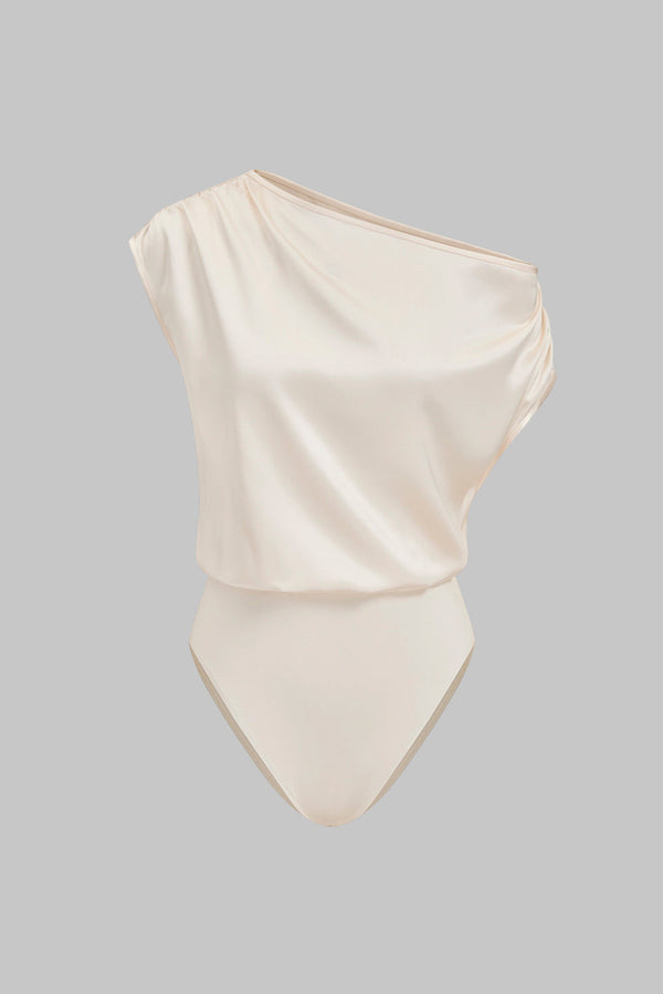 Satijnen patchwork body met één schouder en ruches