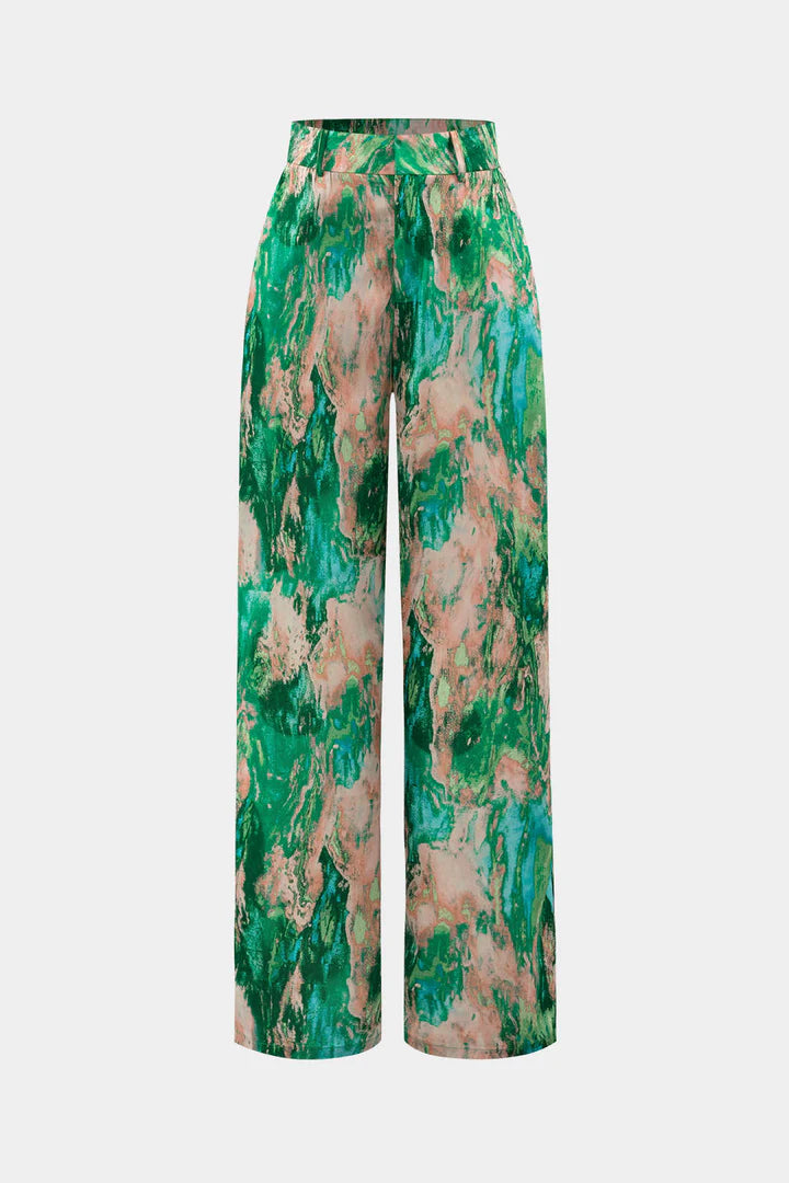 Broek met marmerprint, hoge taille, lange en rechte pijpen