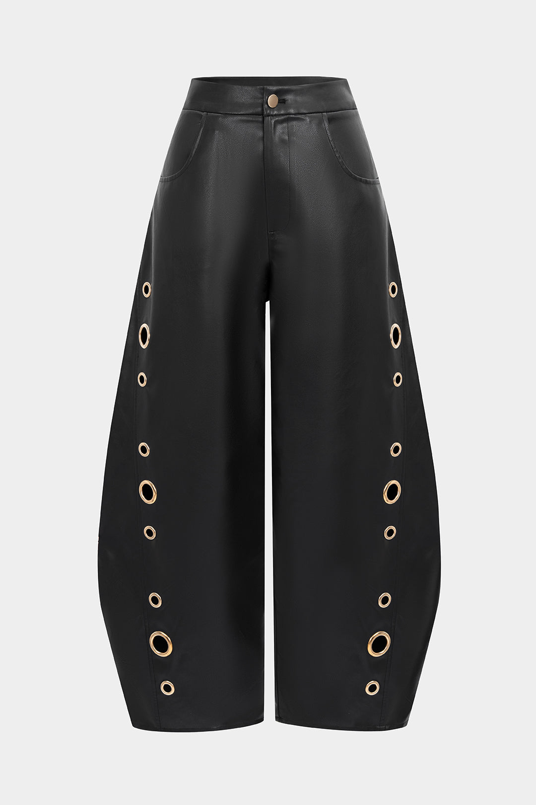 Leren-look metallic pantalon met rits en opengewerkt detail