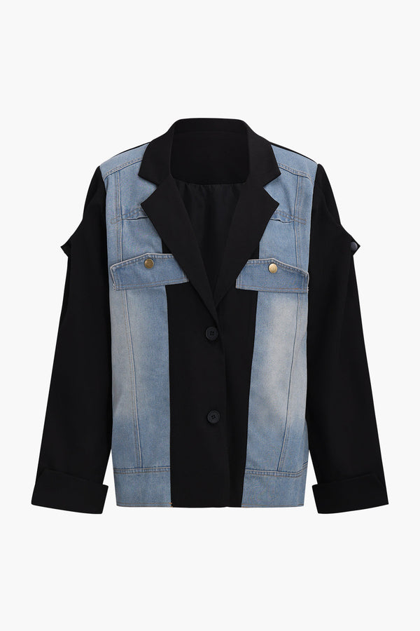 Denim patchwork item met reverskraag