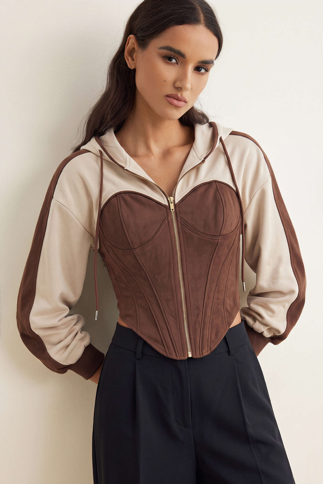 Patchwork hoodie met rits en trekkoord