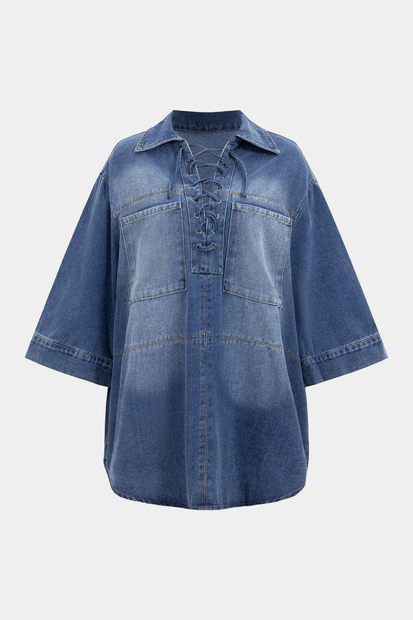 Merel - Denim blouse met strik en lange mouwen