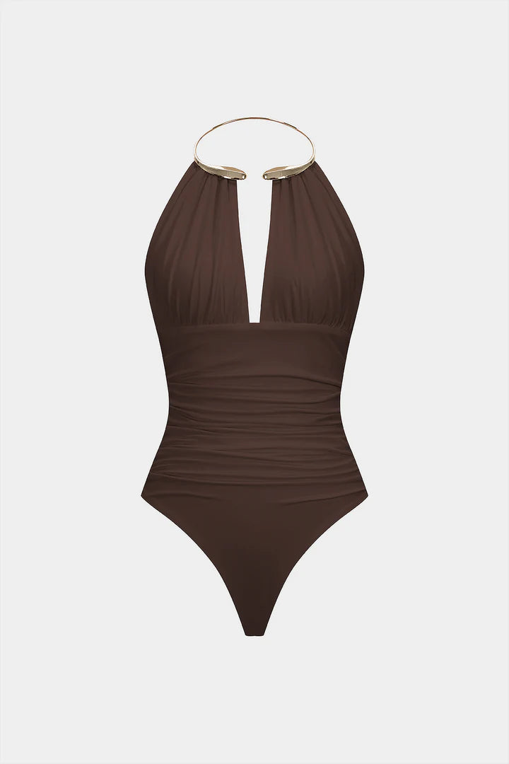 Bodysuit met metallic details, halternek en open rug