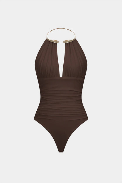 Bodysuit met metallic details, halternek en open rug
