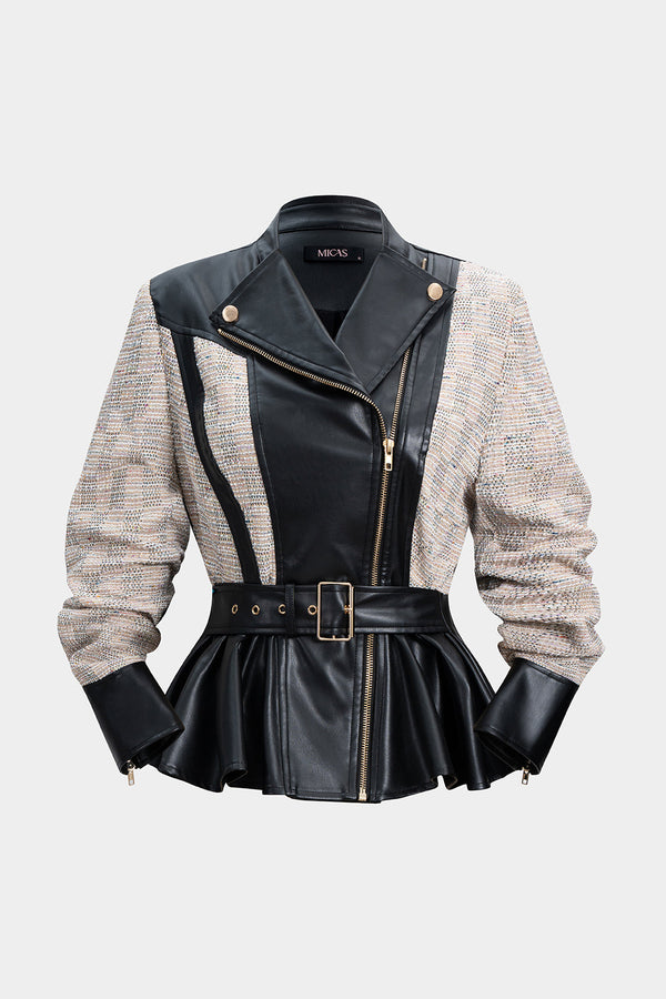 Leren-look patchwork jasje met riem en rits