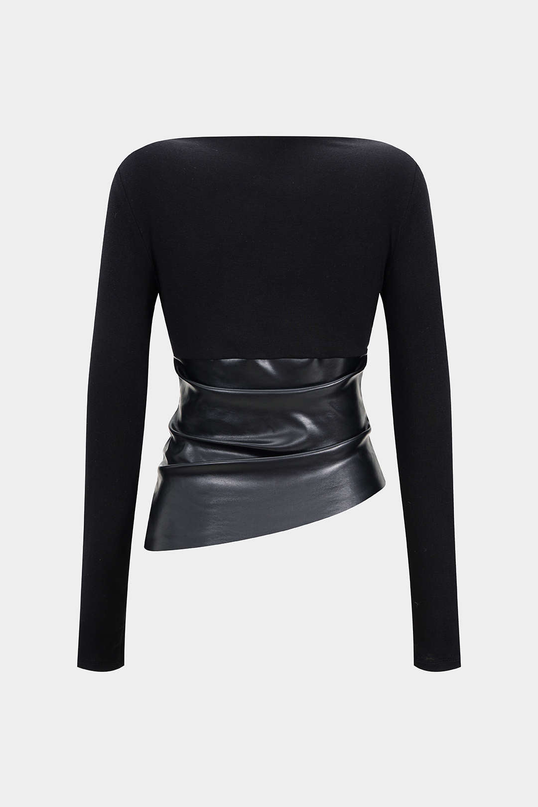 Leren-look patchwork top met ruches en lange mouwen