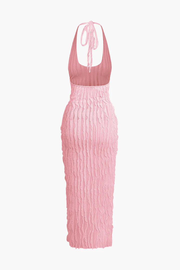 Maxi-jurk met transparante ruches, halterhals en open rug