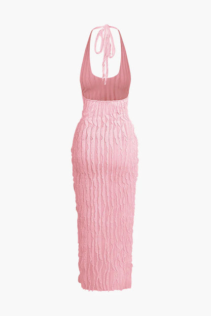Maxi-jurk met transparante ruches, halterhals en open rug