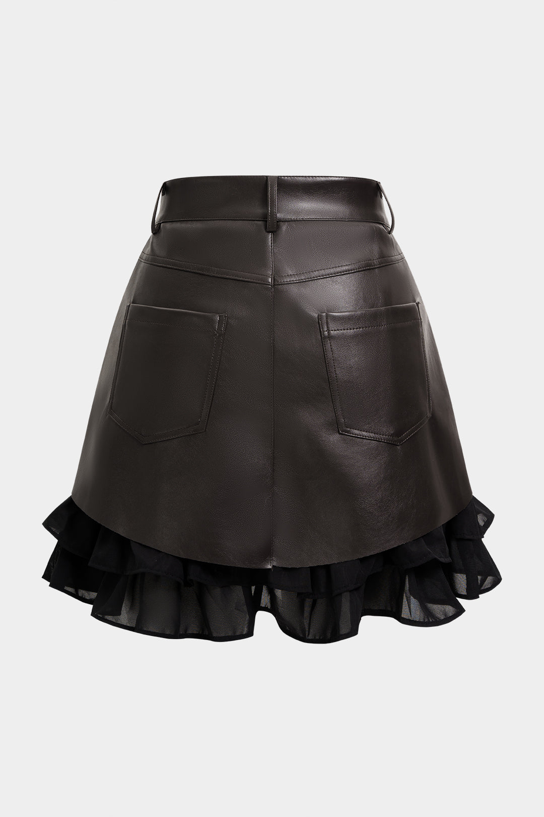 Leren-look patchwork rok met volants en hoge taille