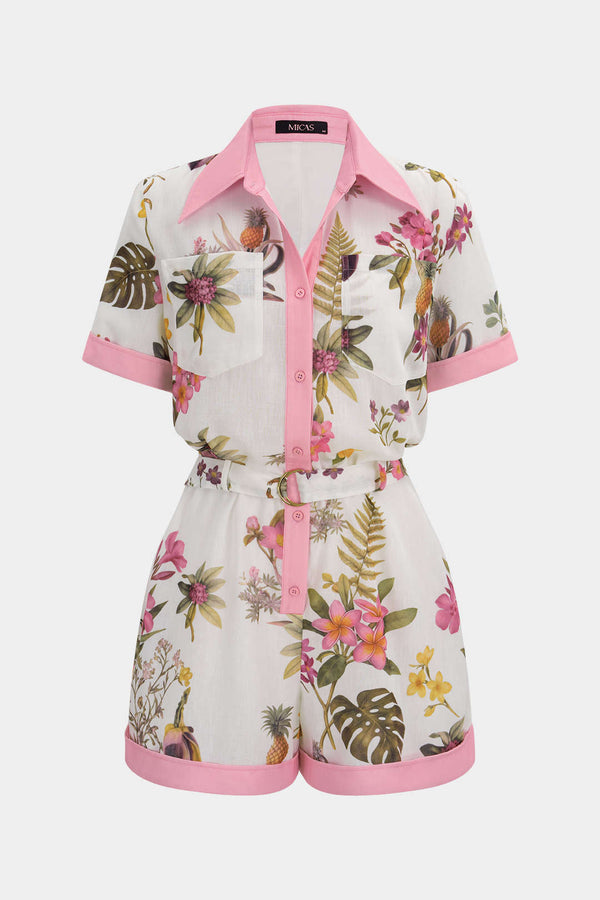 Bloemenprint playsuit met knoopjes, zakken en korte mouwen