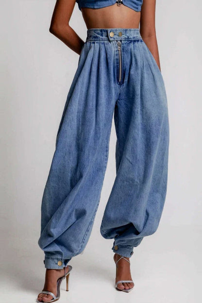 Denim jeans met hoge taille, ritssluiting en ballonmodel