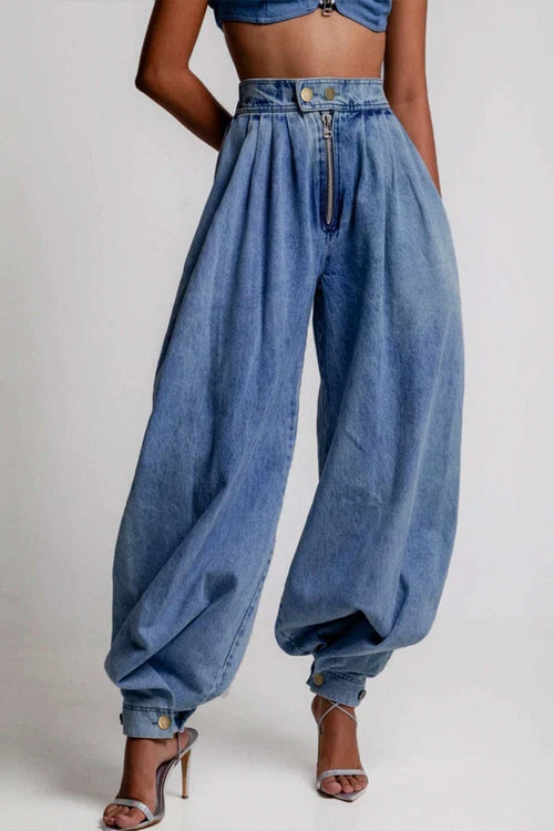 Denim jeans met hoge taille, ritssluiting en ballonmodel