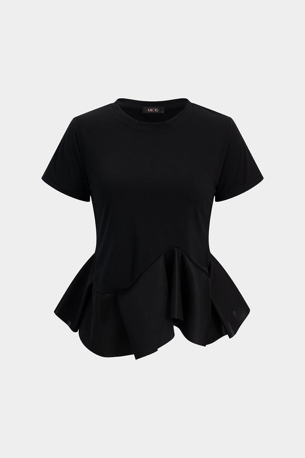 Effen T-shirt met ronde hals, volants en korte mouwen