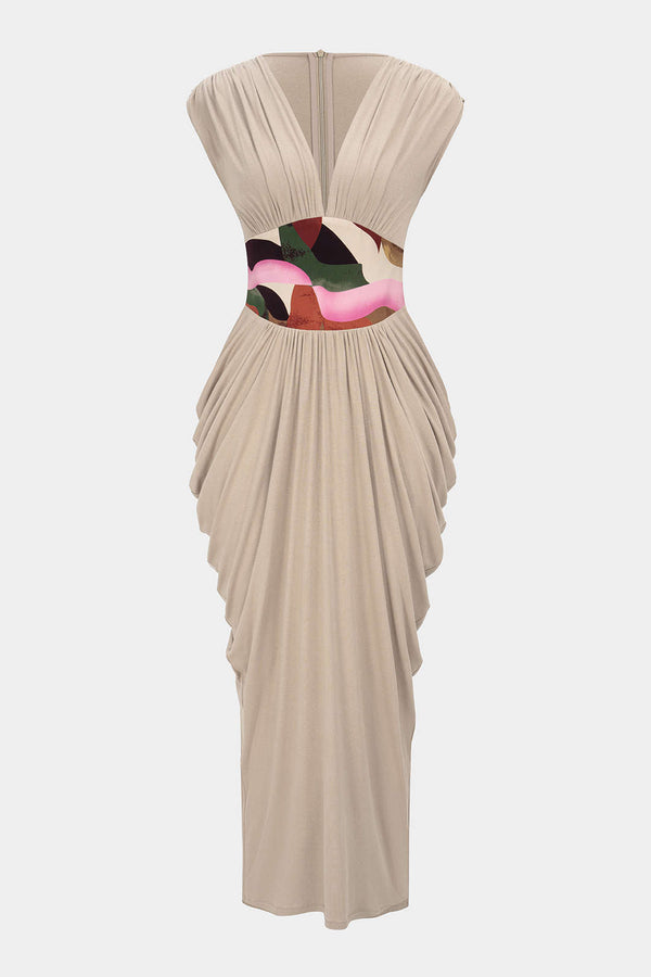 Abstracte print mouwloze maxijurk met V-hals, ruches en rits