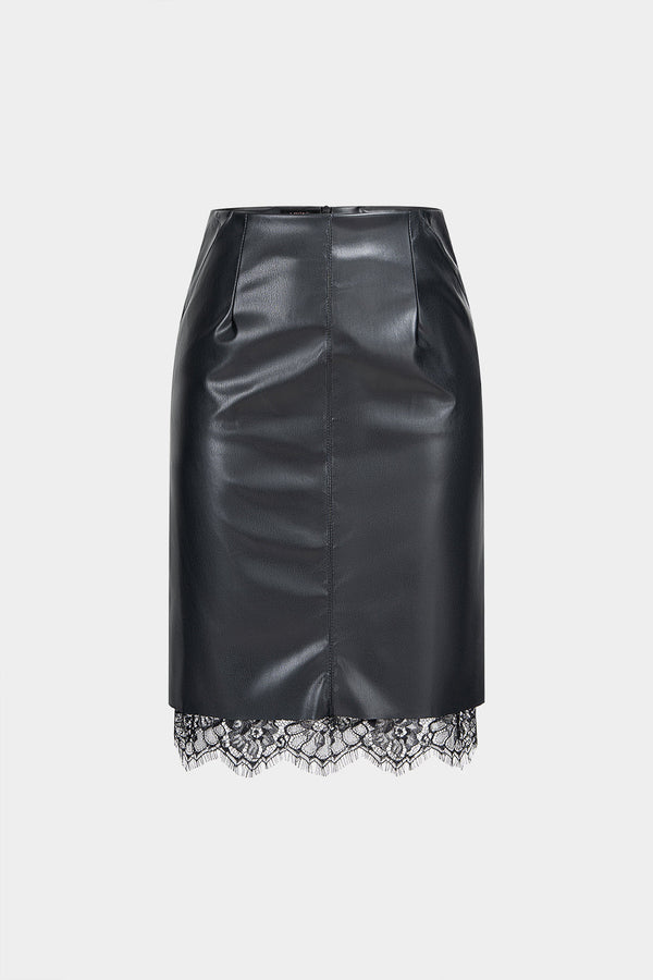 Patchwork leren-look midirok met kant