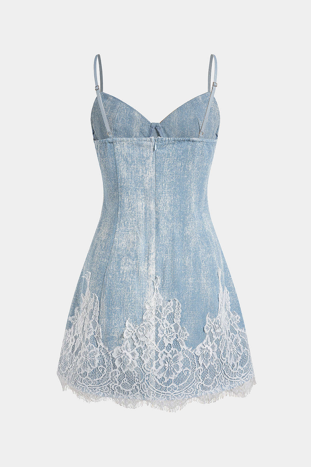 Denim patchwork minijurk met kanten rand en rits