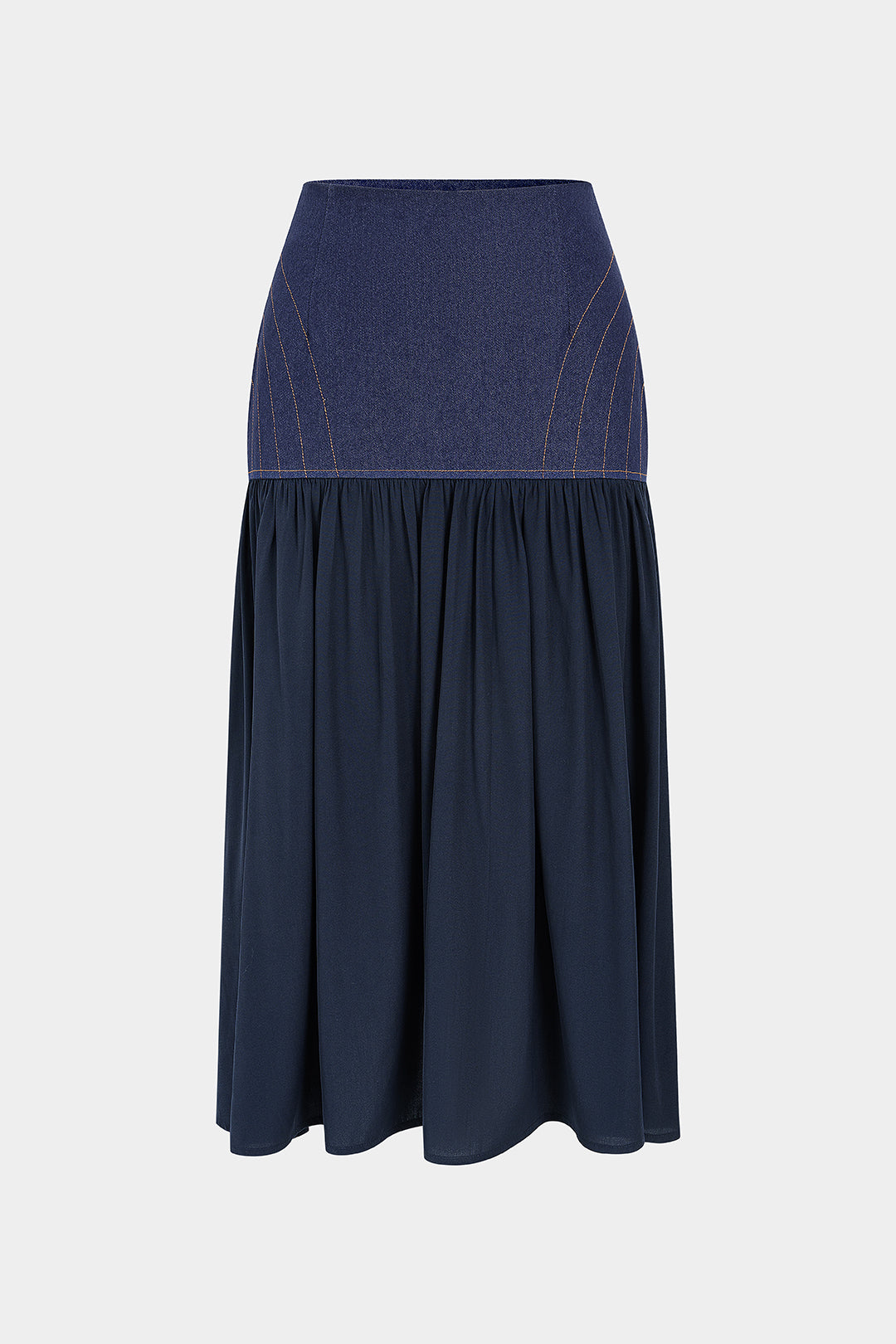 Denim patchwork midirok met A-lijn