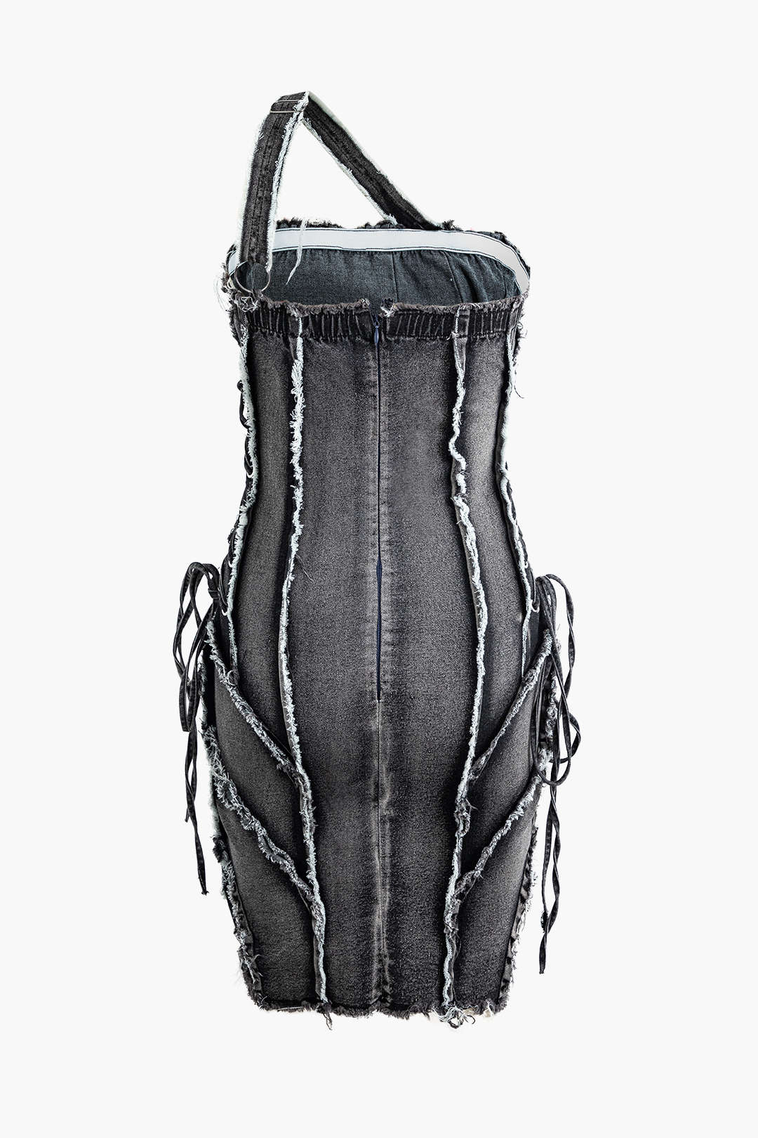 Asymmetrische denim minijurk met rafelrand