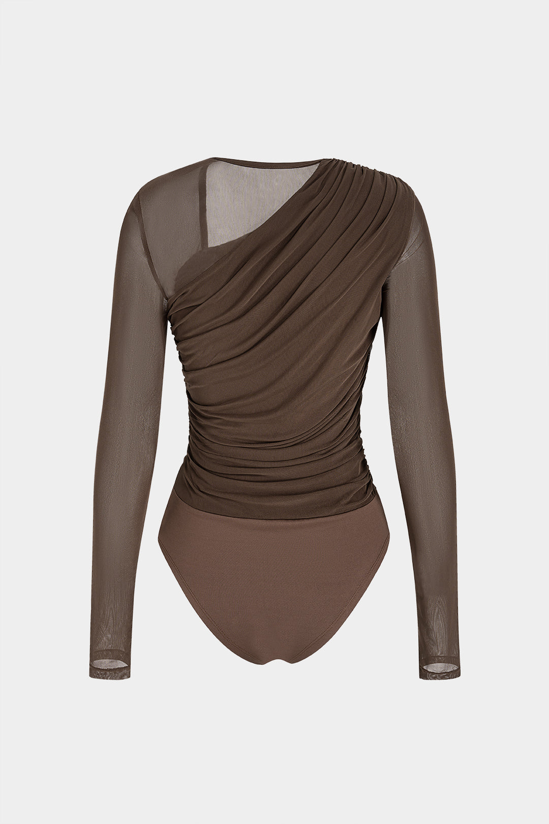 Mesh asymmetrische body met ruches en lange mouwen
