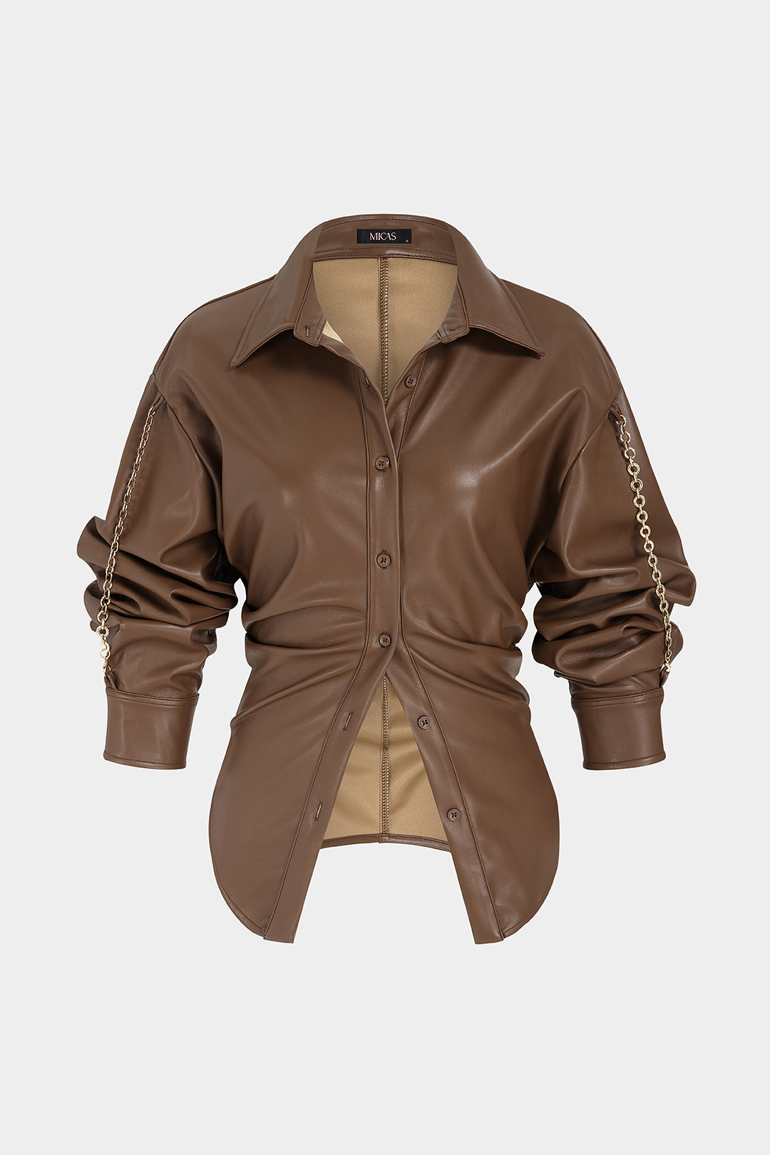 Leren-look metallic blouse met kettingdetail en lange mouwen