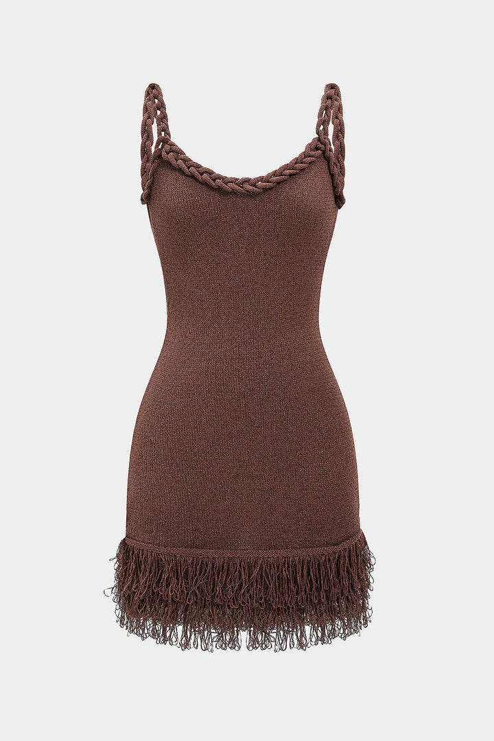 Open Knit Fringe Braided Backless Slip Sleeveless Mini Dress