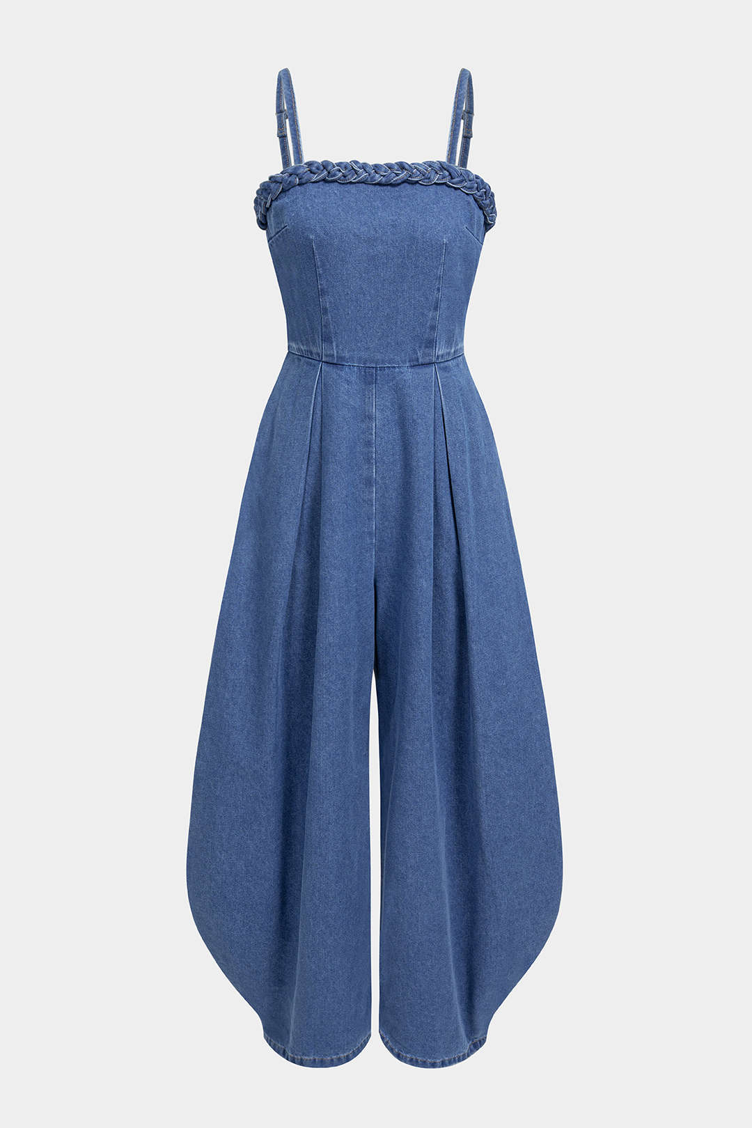 Denim mouwloze jumpsuit met spaghettibandjes