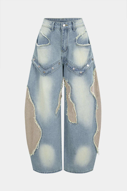 Denim Patchwork Frayed Rivets Straight-Leg Jeans