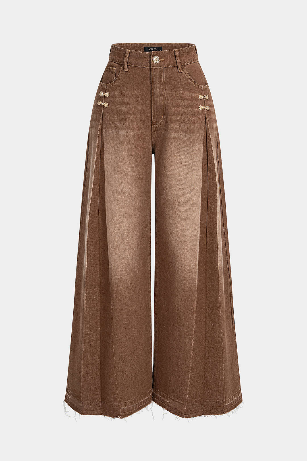 Metallic jeans met brandenburgsluiting en wijde pijpen