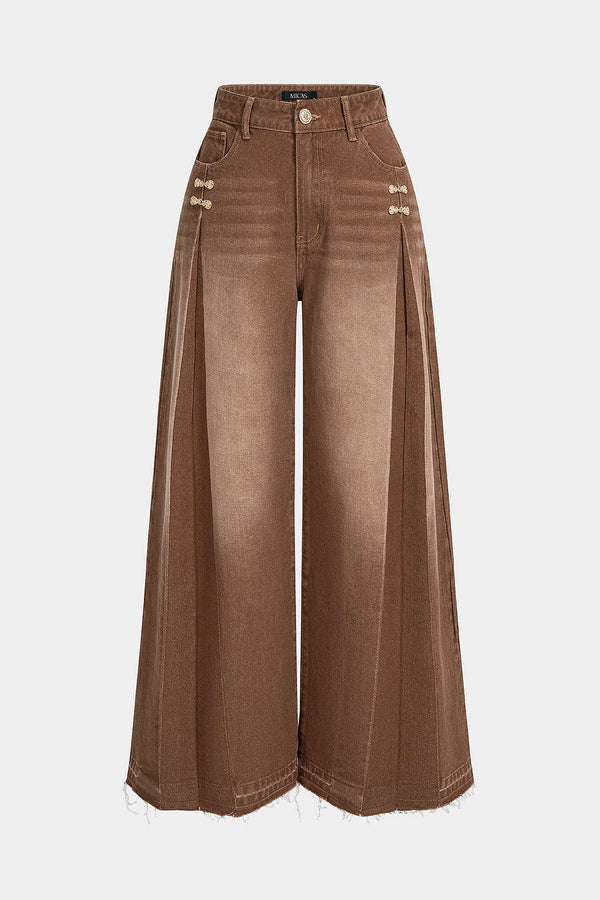 Metallic jeans met brandenburgsluiting en wijde pijpen