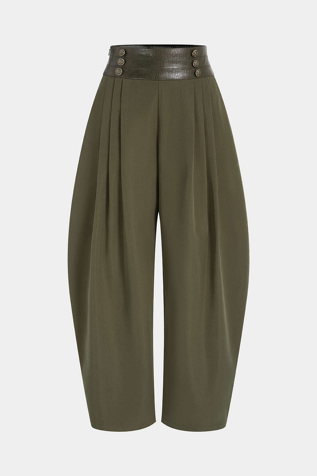 Leren-look patchwork broek met ruches en hoge taille