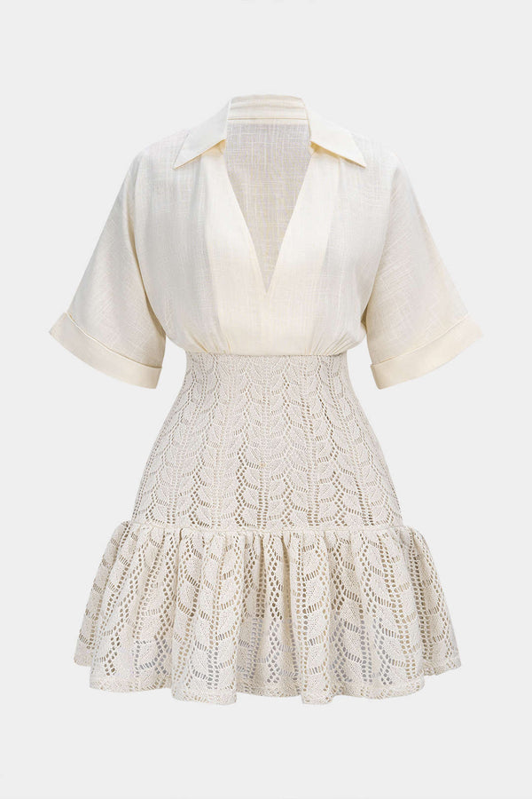 Jacquard patchwork minijurk met ruches en V-hals