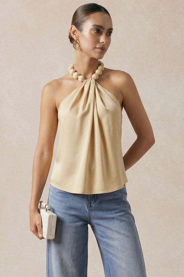 Satijnen tanktop met halternek, strik en ruches