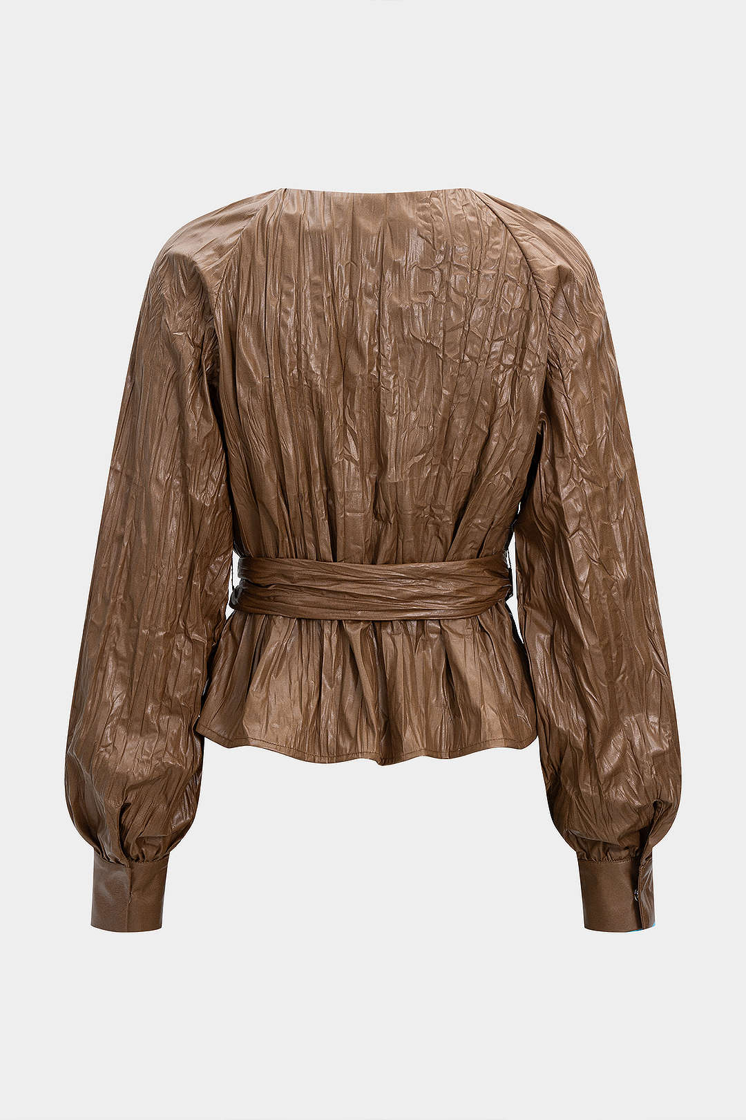 Leren-look geplooide blouse met riem, V-hals en lange mouwen