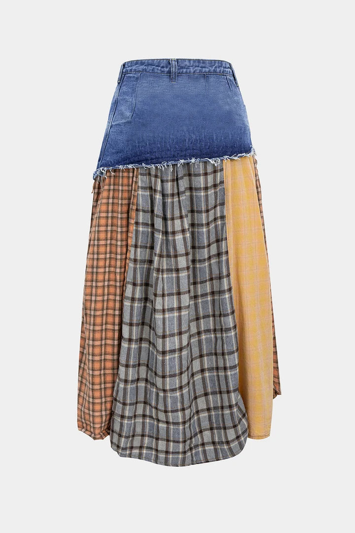 Asymmetrische rok van denim met kleurblokken en ruitprint