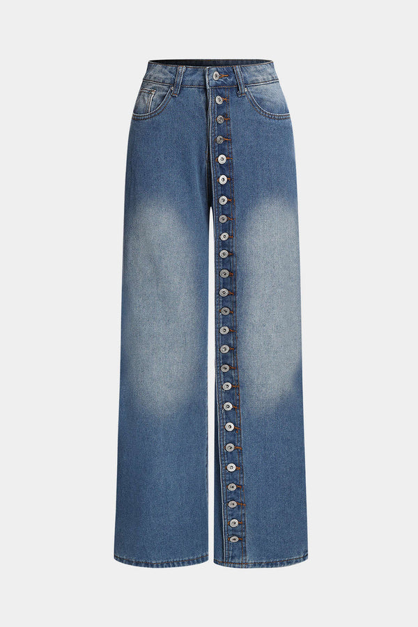 Jeans met knoopjes, hoge taille en rechte pijp