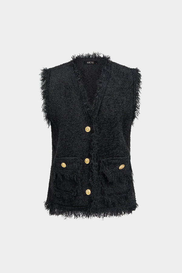 Gebreid gilet met V-hals en rafelrand