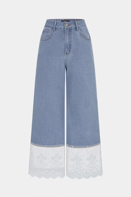 Denim Patchwork Lace Trim Pocket Jeans