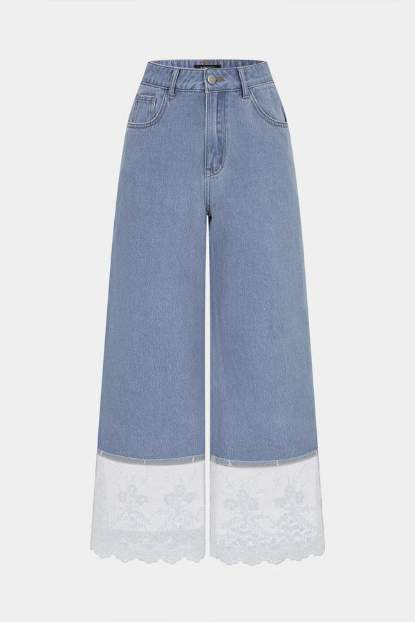 Denim Patchwork Lace Trim Pocket Jeans