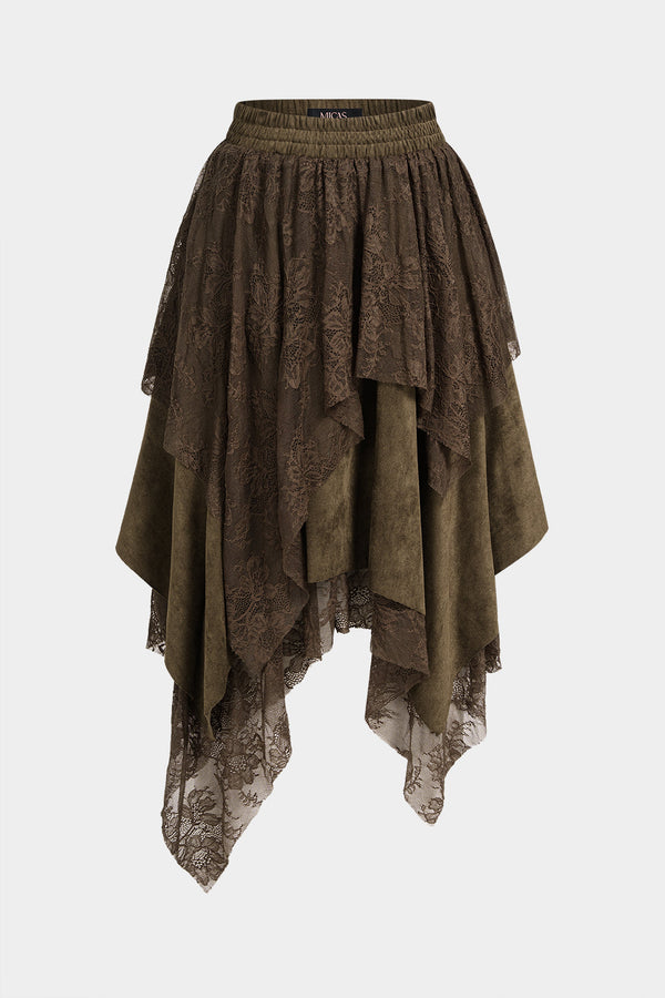 Asymmetrische midi-rok met patchwork, kant en suèdelook