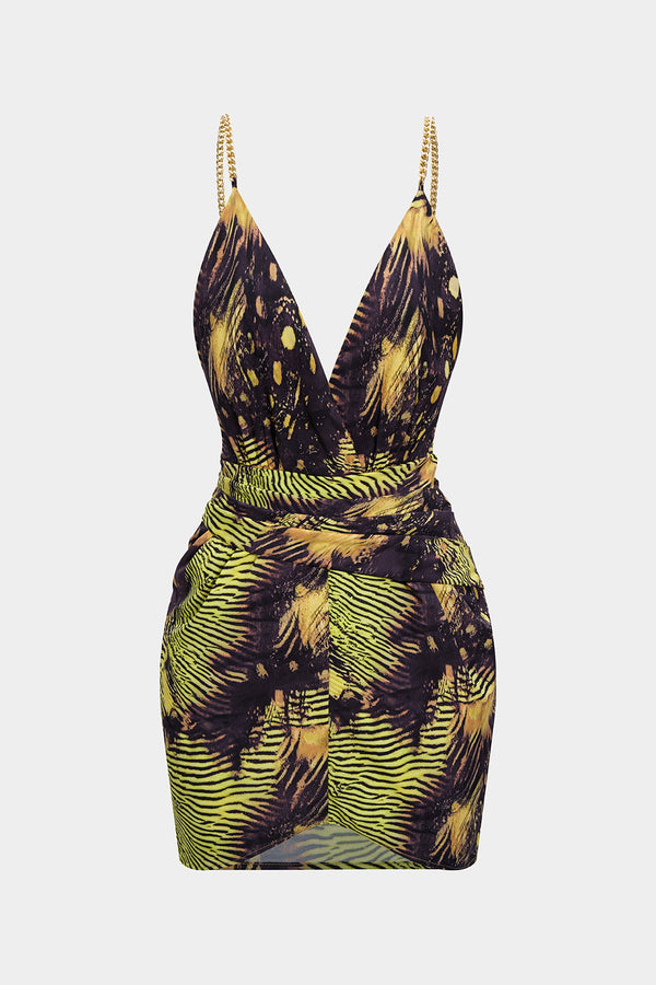 Metallic asymmetrische minijurk met kettingdetail