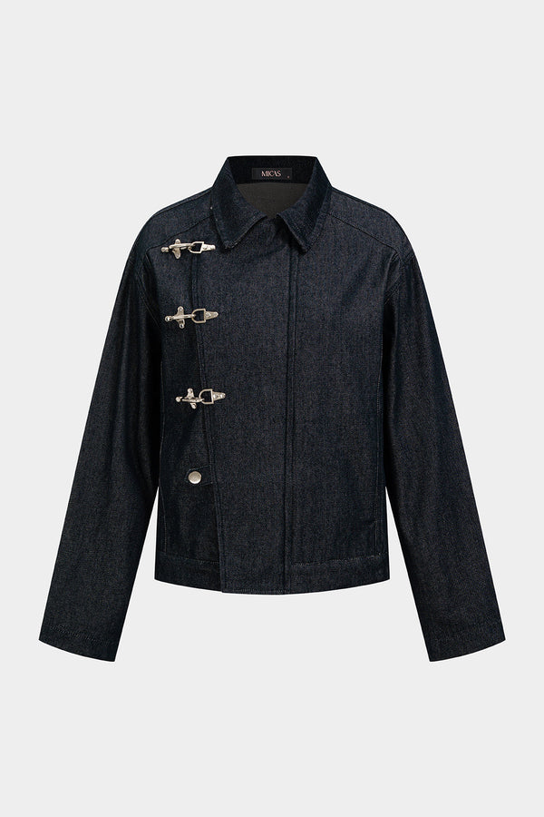Denim asymmetrisch jasje met gesp