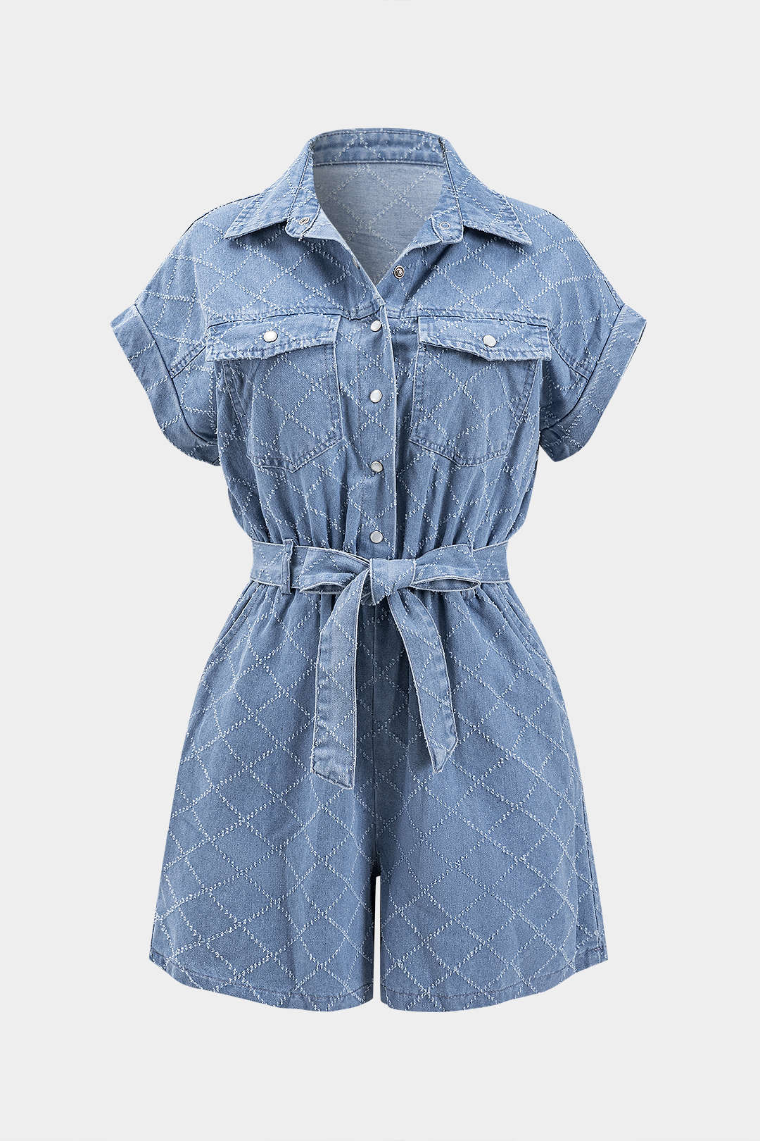 Denim playsuit met revers, riem en zakken