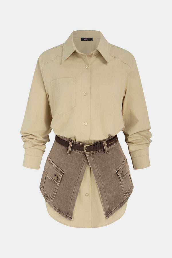 Denim minijurk met revers, knoopjes en lange mouwen